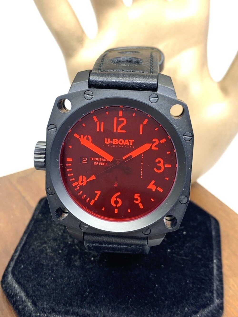 U-Boat Men's Watch 1846 Lefty Swiss Automatic Black Red Face Leather Strap 43mm
